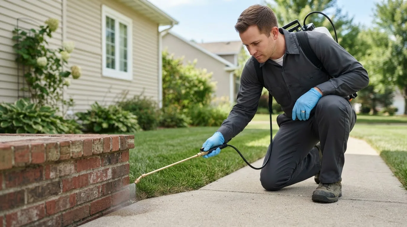 Pest control technician treating a home near Windom, MN